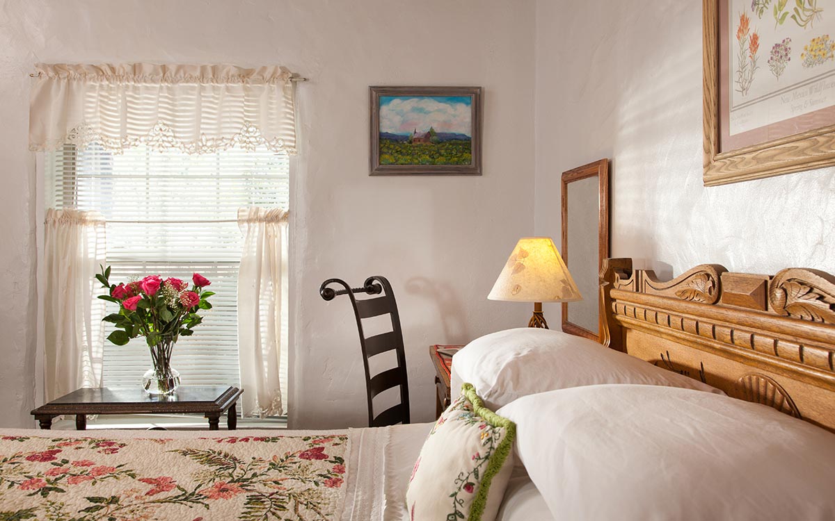 Elegant touches in this beautiful guest room at our New Mexico Bed and Breakfast, the perfect place for romantic getaways in New Mexico